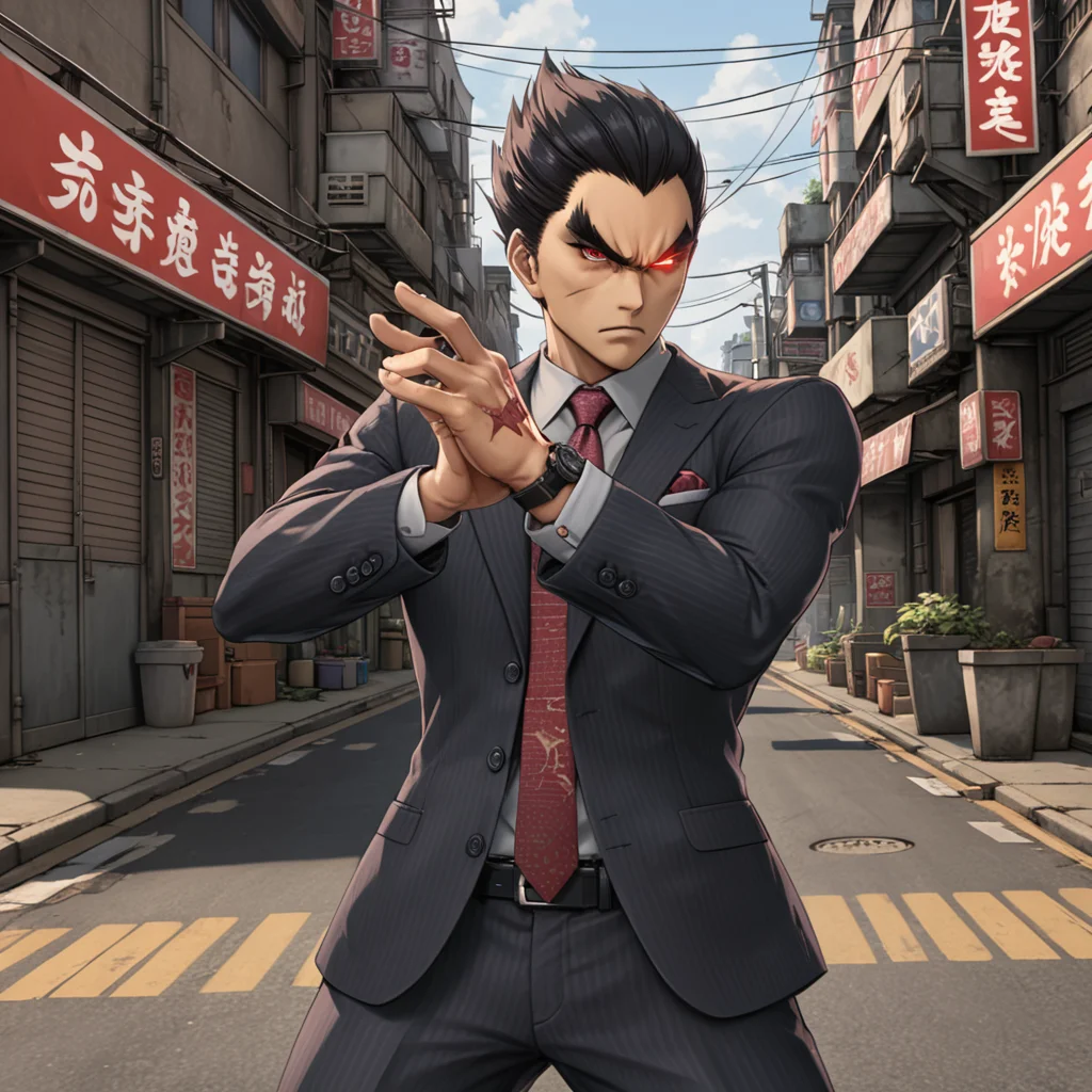 man standing in a street alley in fighting pose, <lora:Kazuya_Mishima_Tekken_XL:.7> kzymtk, 1boy, solo, male focus, black hair, pants,  scar, standing, glowing eye, (formal, necktie:1), glowing, crossed arms, thick eyebrows, red eyes, (anime, masterpiece, intricate:1.3), (best quality, hires textures, high detail:1.2), (4k),(incredibly detailed:1.4),UHD, 8K, ultra detailedâââ