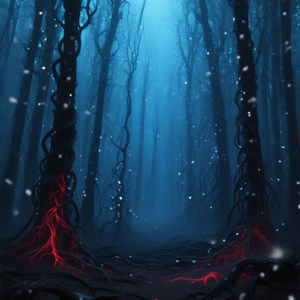 upsdownstrangthing, upsidedownstrangerth, upsidedownst, dense endless forest filled with dead trees, tall and lifeless trunks packed closely together, no leaves, no clearings, only black bark and tangled branches, thick black tendrils crawling across the forest floor, glowing red veins pulsing between twisted roots, fog drifts heavily between the trees, the horizon completely obscured, no visible sky, glowing white particles float silently in the air like haunted snowfall, everything feels trapped and frozen, bathed in cold blue ambient light, all colors desaturated and lifeless, pale bluish tones across the entire scene, no natural warmth, forest washed in eerie blue glow, cinematic horror atmosphere