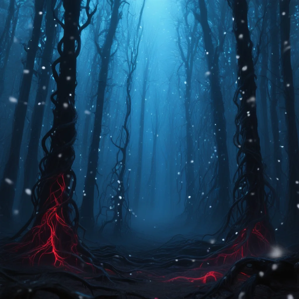 upsdownstrangthing, upsidedownstrangerth, upsidedownst, dense endless forest filled with dead trees, tall and lifeless trunks packed closely together, no leaves, no clearings, only black bark and tangled branches, thick black tendrils crawling across the forest floor, glowing red veins pulsing between twisted roots, fog drifts heavily between the trees, the horizon completely obscured, no visible sky, glowing white particles float silently in the air like haunted snowfall, everything feels trapped and frozen, bathed in cold blue ambient light, all colors desaturated and lifeless, pale bluish tones across the entire scene, no natural warmth, forest washed in eerie blue glow, cinematic horror atmosphere