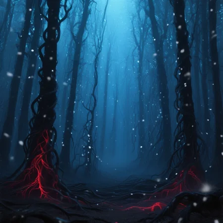 upsdownstrangthing, upsidedownstrangerth, upsidedownst, dense endless forest filled with dead trees, tall and lifeless trunks packed closely together, no leaves, no clearings, only black bark and tangled branches, thick black tendrils crawling across the forest floor, glowing red veins pulsing between twisted roots, fog drifts heavily between the trees, the horizon completely obscured, no visible sky, glowing white particles float silently in the air like haunted snowfall, everything feels trapped and frozen, bathed in cold blue ambient light, all colors desaturated and lifeless, pale bluish tones across the entire scene, no natural warmth, forest washed in eerie blue glow, cinematic horror atmosphere