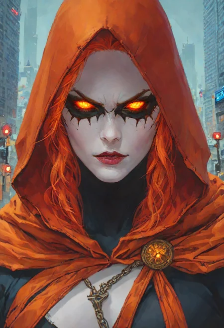 score_9, score_8_up, Hallows Eve, glowing eyes, hood, yellow eyes, parted lips, hood up, white skin, orange eyes, mask, looking at viewer, (seductive smirk), new york city scene background, 1girl, maximum details, intricate