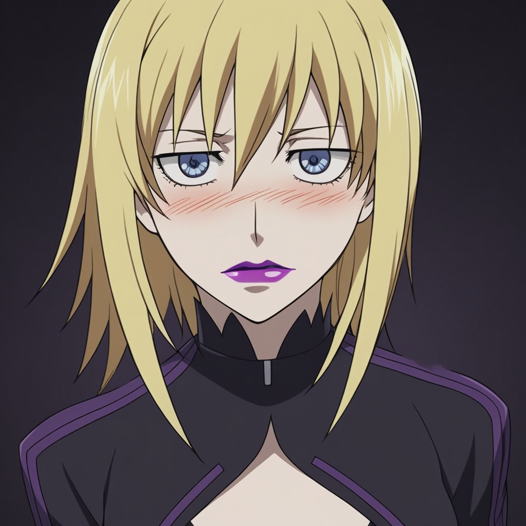 score_9, score_8_up, score_7_up, source_anime, expressive, anime, Artist speedlines, dynamic, D4RK3RTH4NBL4CK, DTB_Style, 1woman, (brita_(darker_than_black):1.2), long_hair, blonde_hair, blue eyes, purple_lips, naked_jacket ,looking at viewer, facing viewer, revealing clothes, convenient_censoring, bare_legs, high_heels, blush, blushing, embarrassed, dark background, Artist style:komori_takahiro