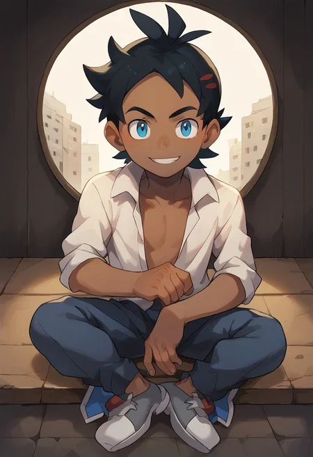 Safe_pos, 8k, score_9, score_9_up, score_9_up, portrait, ((masterpiece)), ((best quality)), ((ultra-detailed)), ((absurdres)), HD, top quality, best quality, amazing quality, High-quality illustrations, dynamic angle, source_anime, best aesthetic, perfect proportions, perfect eyes, perfect anatomy, thick outline, black outline, full body, dynamic pose, male focus, 1boy, (masterpiece), solo, Goh, black hair, blue eyes, dark skin, open open shirt, black open pants, grey shoes, smile, sitting, TAKK, Draugnut, Draugnut style, Big feet, VonBoche