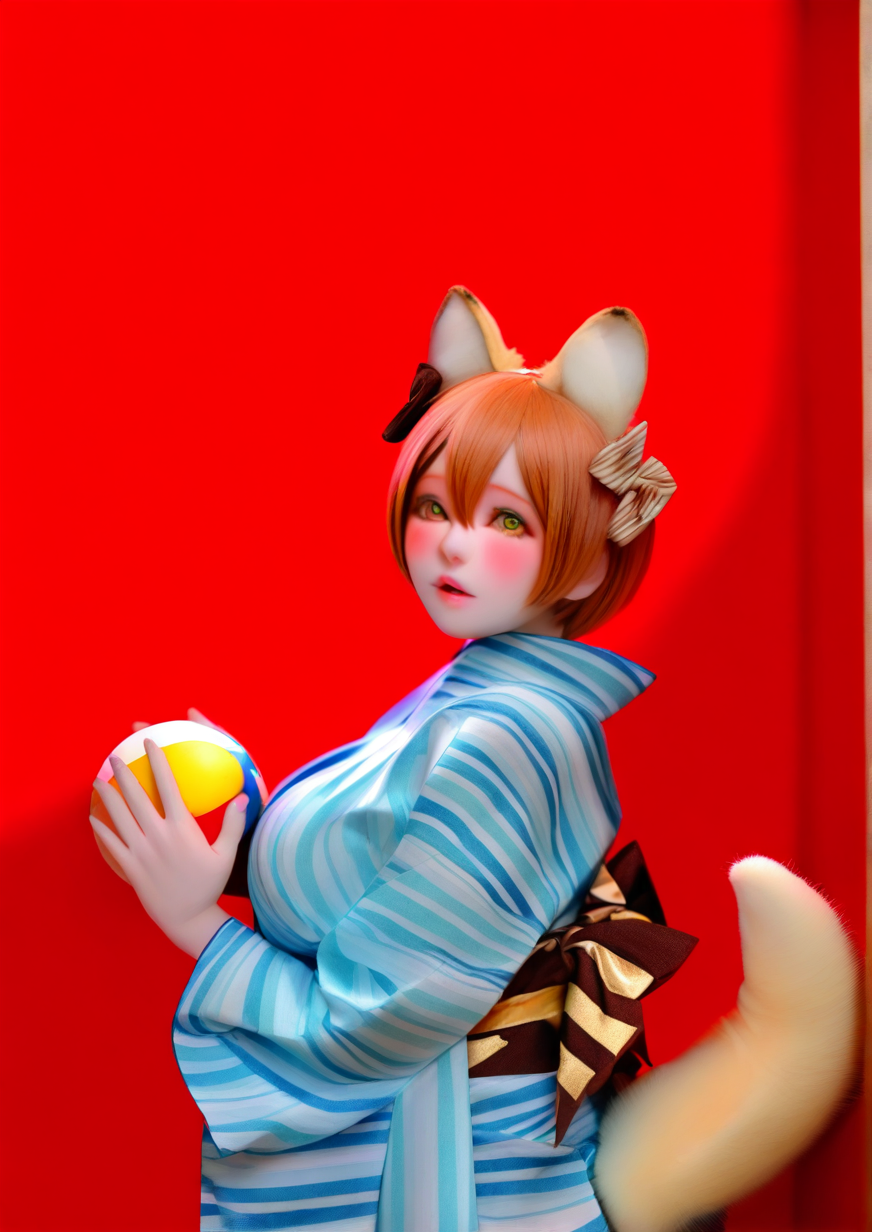 <lora:MOZU_DOLL_é­æäººå½¢:0.9>,1girl, hoshizora rin, huge breasts, real, realistic, real style, animal ears, ball, blue kimono, blush, bow, brown bow, brown hair, diagonal stripes, hair between eyes, hands up, holding, holding ball, japanese clothes, kimono, long sleeves, looking at viewer, looking to the side, parted lips, print kimono, short hair, solo, striped, striped bow, tail, tail raised, wide sleeves, yellow eyes, 
very awa, masterpiece, best quality, newest, highres, absurdes,amazing quality