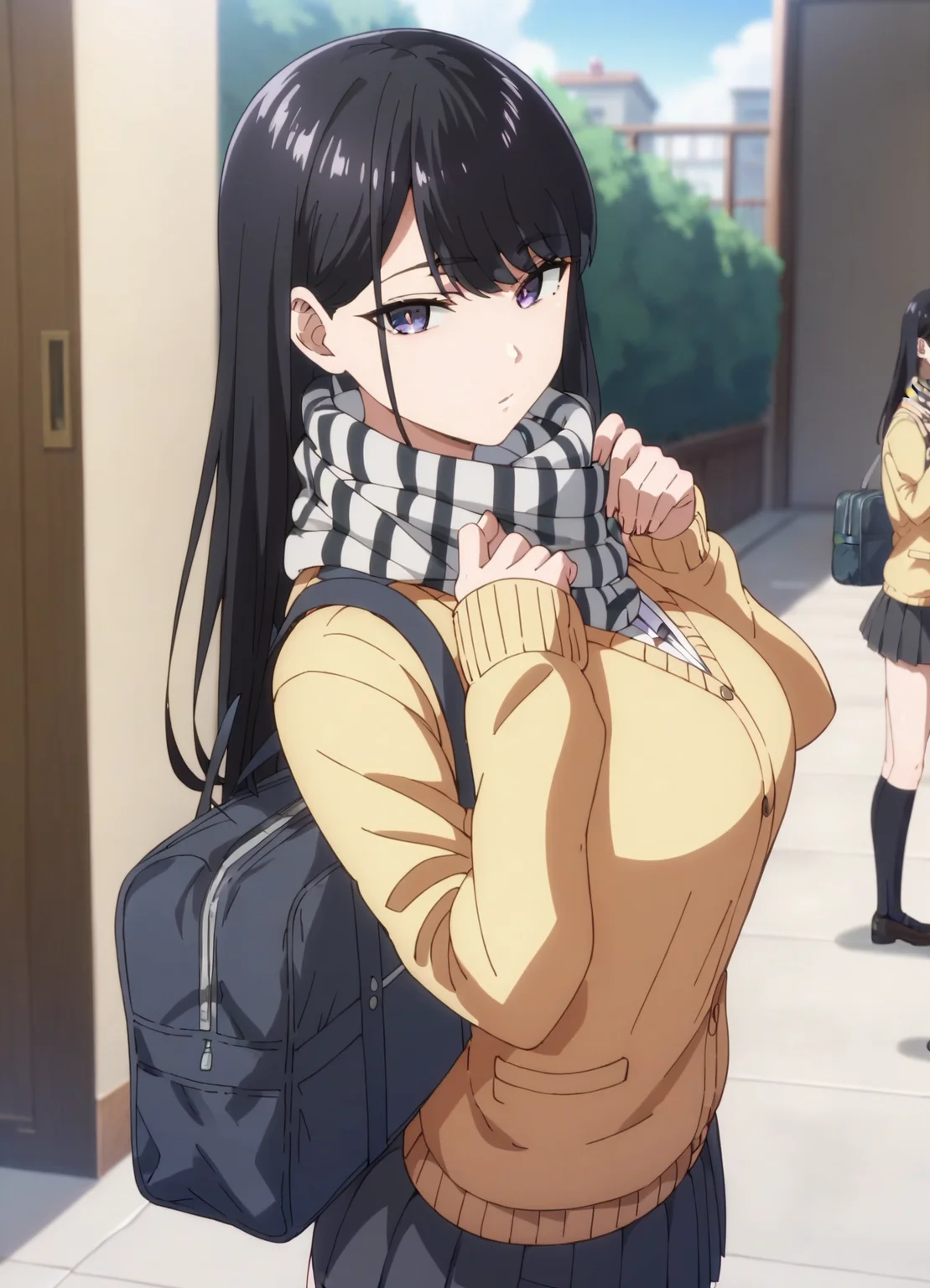 score_9, score_8_up, score_7_up,source_anime,uncensored,anime screencap, anime,
<lora:Amakami Honpo:0.8>,
Amakami Honpo, 1girl, black hair,large breasts, scarf, long hair, bag, school bag, looking at viewer, school uniform, purple eyes, bangs
