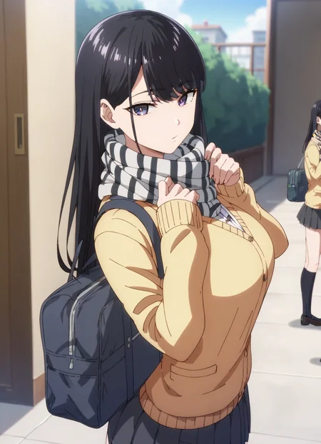 score_9, score_8_up, score_7_up,source_anime,uncensored,anime screencap, anime,
<lora:Amakami Honpo:0.8>,
Amakami Honpo, 1girl, black hair,large breasts, scarf, long hair, bag, school bag, looking at viewer, school uniform, purple eyes, bangs