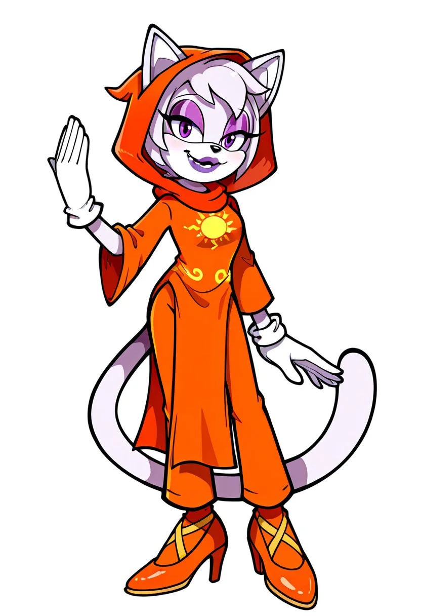 zPDXL3, zPDXLxxx, score_9, score_8_up, score_7_up, 8k, absurd res, handfixer, cowboy shot, 1girl, onmodelblobian, sonic (series), Rose Lalonde, looking at viewer,<lora:Rose_Lalonde_Homestuck_-_Illustrious_-_5_canon_outfits:1.1>, masterpiece, detailed, intricate details, breasts, short hair, simple background, rosegod, orange clothes, robe, scarf, hood, sun print, pelvic curtain, orange pants, gloves, white background, cat ears, grinning, feline fangs, fighting stance, full body, white gloves, hand up, high heels, orange clothes, makeup, happy, orange footwear, lipstick, furry, eyeshadow, furry female, white mauve fur, animal nose, eyeliner, cat ears, white hair, purple eyes, cleavege, big breast, cat fluffy tail