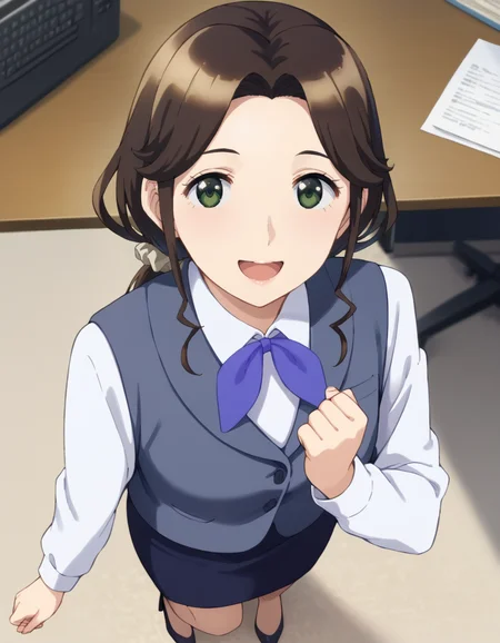 score_9, score_8_up, score_7_up, source_anime, BREAK
1girl, solo, looking at viewer, blurry, blurry background, office, table, paperwork, happy, full body, open mouth, clenched hands, carpet,
konomi moriya, long hair, brown hair, parted bangs, sidelocks, dark green eyes, white hair scrunchie,
work uniform, white collared shirt, blue vest, blue bowtie, long sleeves, pencil skirt, high heels,
standing, from above,
<lora:konomi_moriya_anime-soralz:1>
