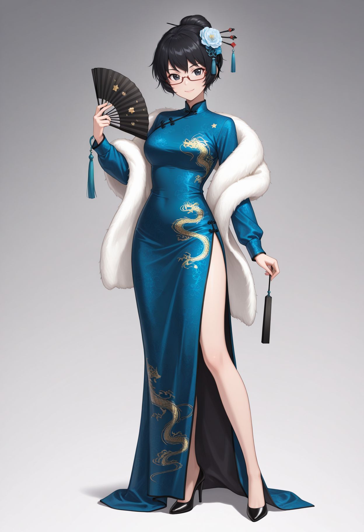 masterpiece,best quality,absurdres,highres,very aesthetic,high quality,detailed,insanely detailed,beautiful,perfect lighting, looking at viewer 
 <lora:Oryou illu:1>1girl, side slit, china dress, chinese clothes, black footwear, black hair, standing, semi-rimless eyewear, high heels, holding fan, smile, looking at viewer, hair ornament, closed mouth, glasses, single hair bun, folding fan, blue dress, long sleeves, fur scarf, high collar, hand fan, hair up, full body, alternate hairstyle, black eyes, hair stick, shawl, short hair, print dress, official alternate costume, star (symbol), long dress, hair flower