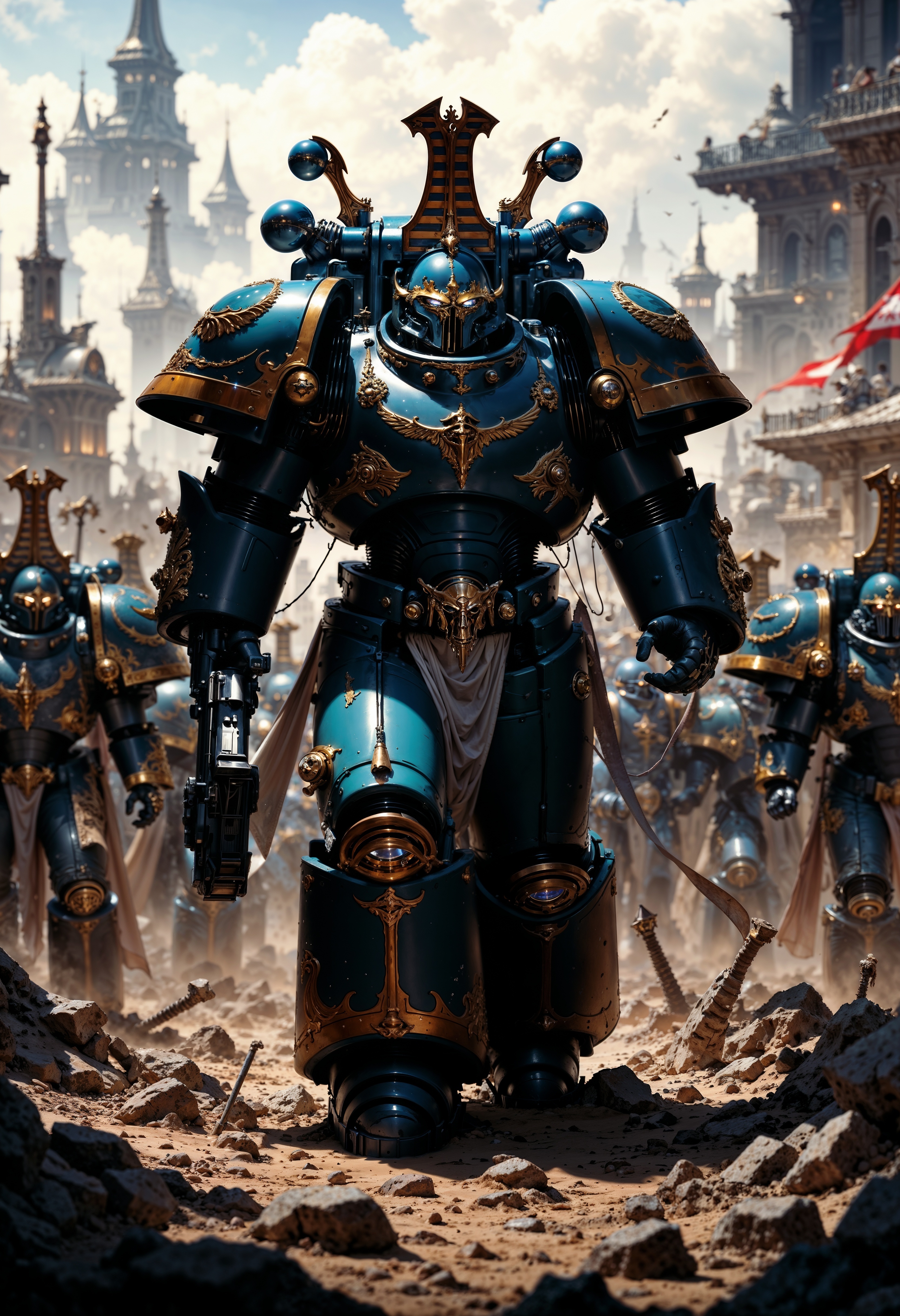 cinematic film still, ThouS40k, large space marine, walking in a battlefield with an army behind him, highly detailed, bokeh, moody, epic, film grain, grainy <lora:FluxThouS40k:1> <lora:FluxMythP0rtr4itStyle:0.8>