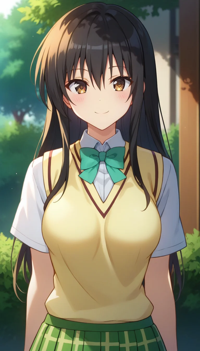 score_9,score_8_up,score_7_up,score_6_up BREAK official art,solo,outdoors,upper body,(portrait:1.5),looking at viewer,facing viewer,smile,blush,Kotegawa Yui,long hair,black hair,sidelocks,hair between eyes,bangs,brown eyes,school uniform,sweater vest,yellow vest,white shirt,collared shirt,green bowtie,short sleeves,medium breasts,miniskirt,green skirt,plaid skirt,pleated skirt,black socks,loafers,<lora:Kotegawa Yui(tlr)-Pony:1.6>,