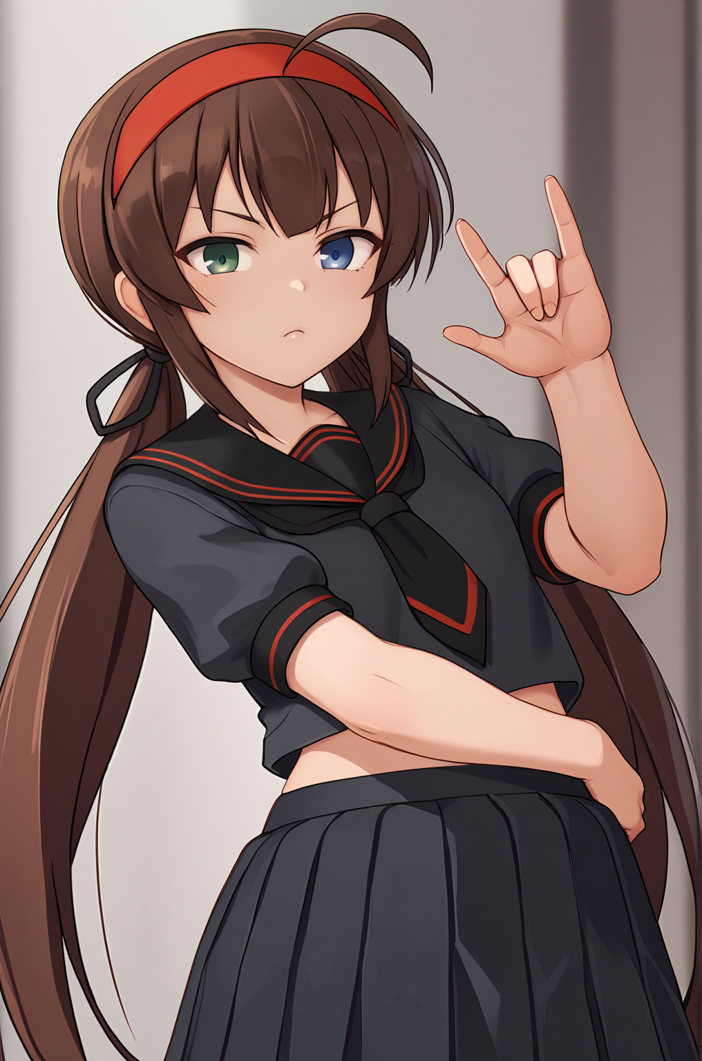anime artwork, score_9, score_8_up, score_7_up, source_anime, BREAK, thick outline, fat outline,
Ryoubi_XL, green eyes, blue eyes, heterochromia, brown hair, very long hair, ahoge, low twintails, red hairband, hair ribbon, flat chest, BREAK, Ryoubi_School, black serafuku, black skirt, pleated skirt, school uniform, black legwear, brown loafers, BREAK, outdoors, upper body, (hornGesture:1.3),
<lora:Ryoubi_XL:0.7>
<lora:PersonalAmi_PonyXL:1>
<lora:PDXL_Horns_gesture:1.4>
