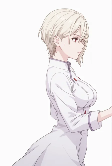 Smooth Quality,masterpiece,very intricate, high quality details, ultra realistic, high detailed skin,detailed enviorement,absurdres,
simple background, white background,solo,
from side,dancing,
nervous,
<lora:FoodWCNN:0.8> foodwarstylecnn,
alicecnn, 1girl, blonde hair, hair between eyes, medium breasts, red eyes, short hair, white hair, long sleeves