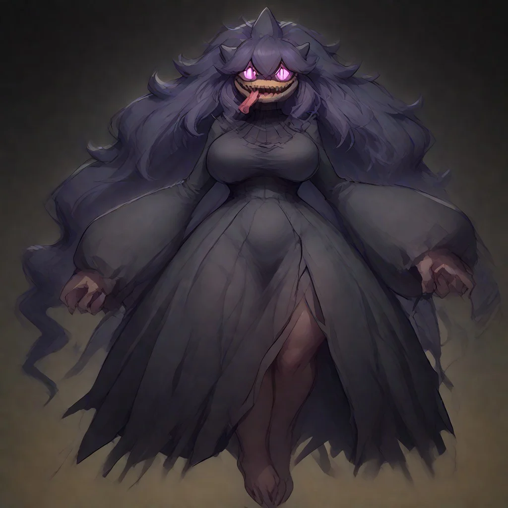 score_9, score_8_up, score_7_up, score_6_up, score_5_up, score_4_up, hex maniac(pokemon), banette, 1girl, solo, monsterification, monster girl, transformation, furry, furry female, pokemon (creature), clothed pokemon, full body, hex maniac, hairband, messy hair, purple eyes, purple hair, purple hairband, @ @, black dress, long dress, long sleeves, juliet sleeves, hex maniac transforming into a banette, transformation, Anthro banette, banette face, banette legs, huge arms, long tongue, Torn clothes, large breasts, banette_mega
