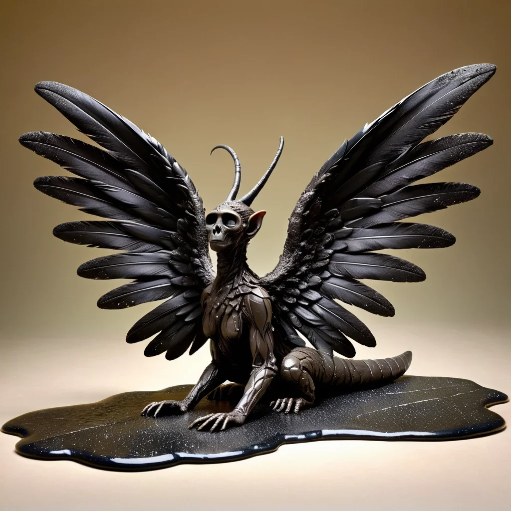 small haunting biomimetic textured hominid sentient being, unguligrade appendages, long-tailed, slimy skin, tufted ears, icarus wings (enchanted wings made from wax and feathers),, made of ais-tarmac <lora:Fresh_Tarmac_SXDL:1>