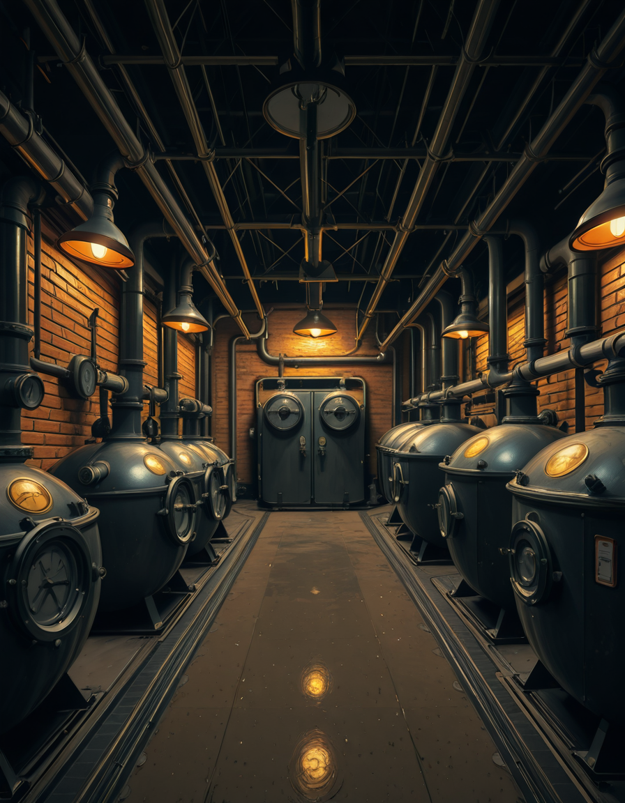 A highly detailed and realistic photograph of an industrial boiler room filled with large metal boilers, complex pipe systems, and pressure gauges. The room is dimly lit with a mix of warm yellow lighting from overhead industrial lamps and cool blue reflections from metallic surfaces. The air is slightly hazy with steam escaping from some of the pipes. The floor is made of reinforced concrete with visible stains from oil and water. Various control panels with blinking LED indicators and warning signs are mounted on the walls. The atmosphere is rugged and mechanical, evoking a sense of power and industrial efficiency. The depth of field is sharp, capturing intricate details such as rust on old pipes, the texture of the metal surfaces, and the labels on the control panels. The composition emphasizes symmetry, with pipes and machinery creating a structured, almost futuristic aesthetic.
<lora:SDXLFaeTastic2400:0.4> <lora:extremely_detailed:0.4> extremely detailed, <lora:industrial_boiler_room-i:1>,industrial b01l3r r00m, Masterpiece,best quality,hi res,8k,hi res,8k,award winning,(sharp focus, intricate, highly detailed),
