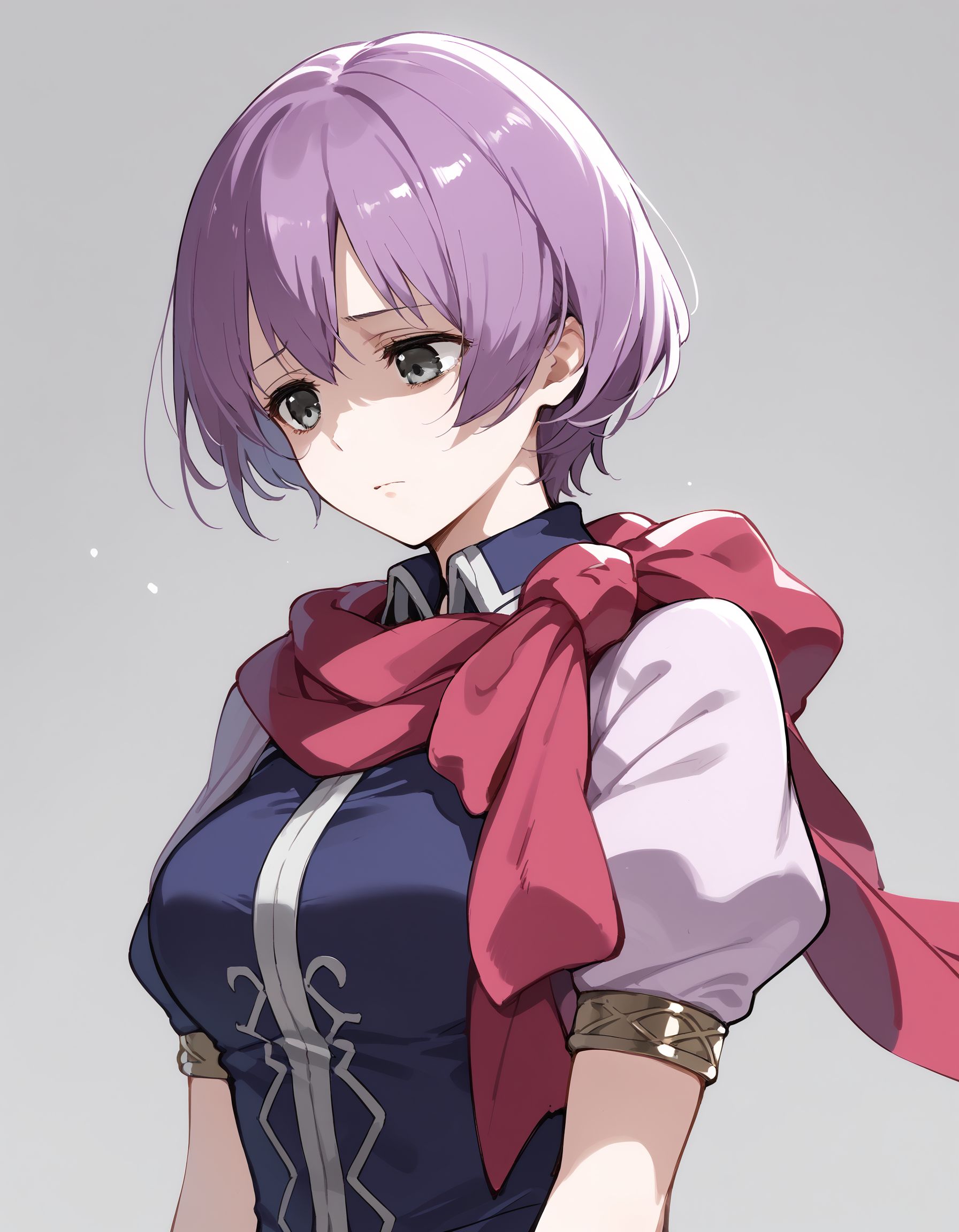 score_9, score_8_up, score_7_up, score_6_up, BREAK source_anime, best quality, masterpiece,
1girl,<lora:katarina fehPonyXL:0.8>,katarina feh,scarf,purple dress,upper body,standing,gloomy,shaded face,sad,looking down,simple background,grey background,from side