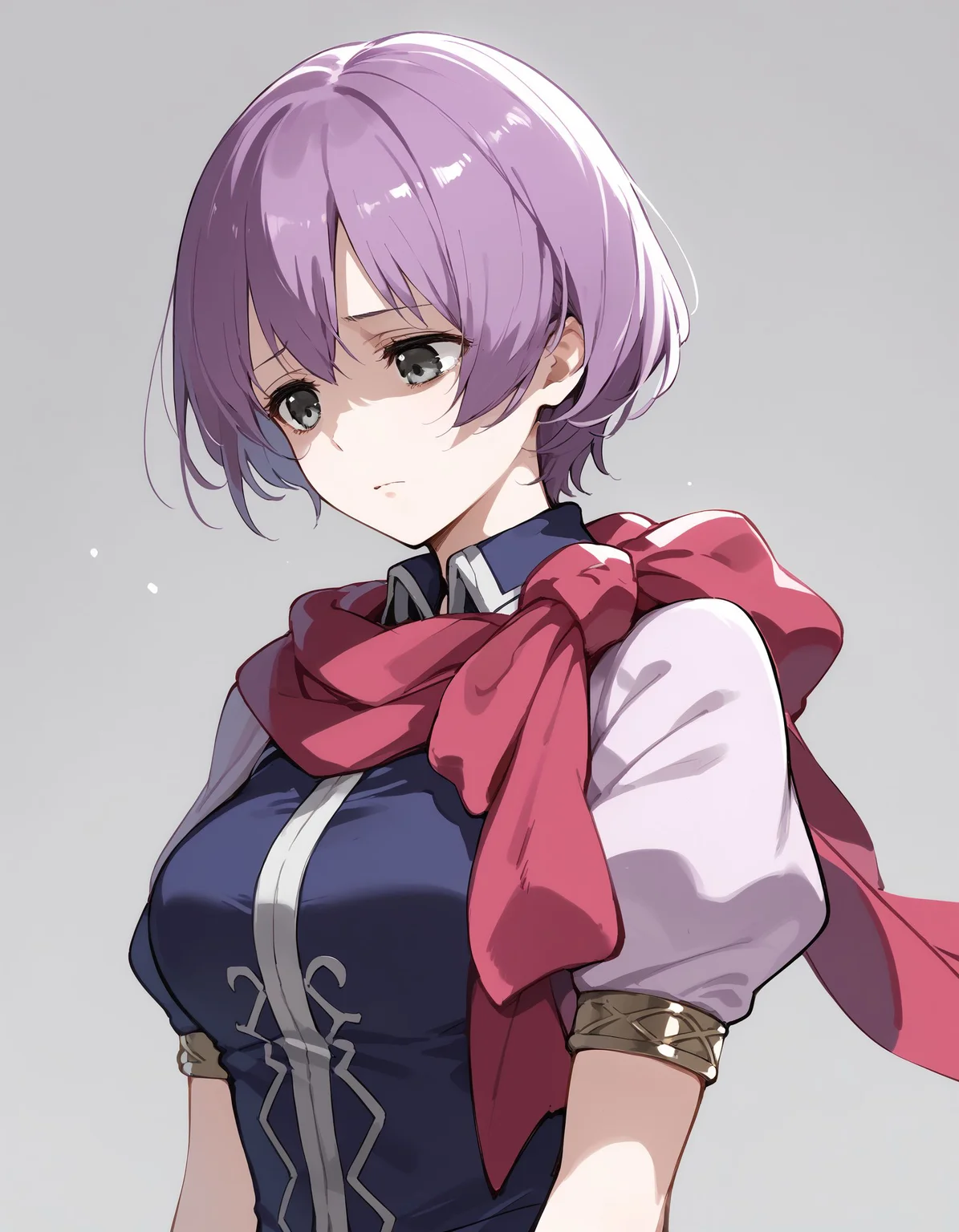 score_9, score_8_up, score_7_up, score_6_up, BREAK source_anime, best quality, masterpiece,
1girl,<lora:katarina fehPonyXL:0.8>,katarina feh,scarf,purple dress,upper body,standing,gloomy,shaded face,sad,looking down,simple background,grey background,from side