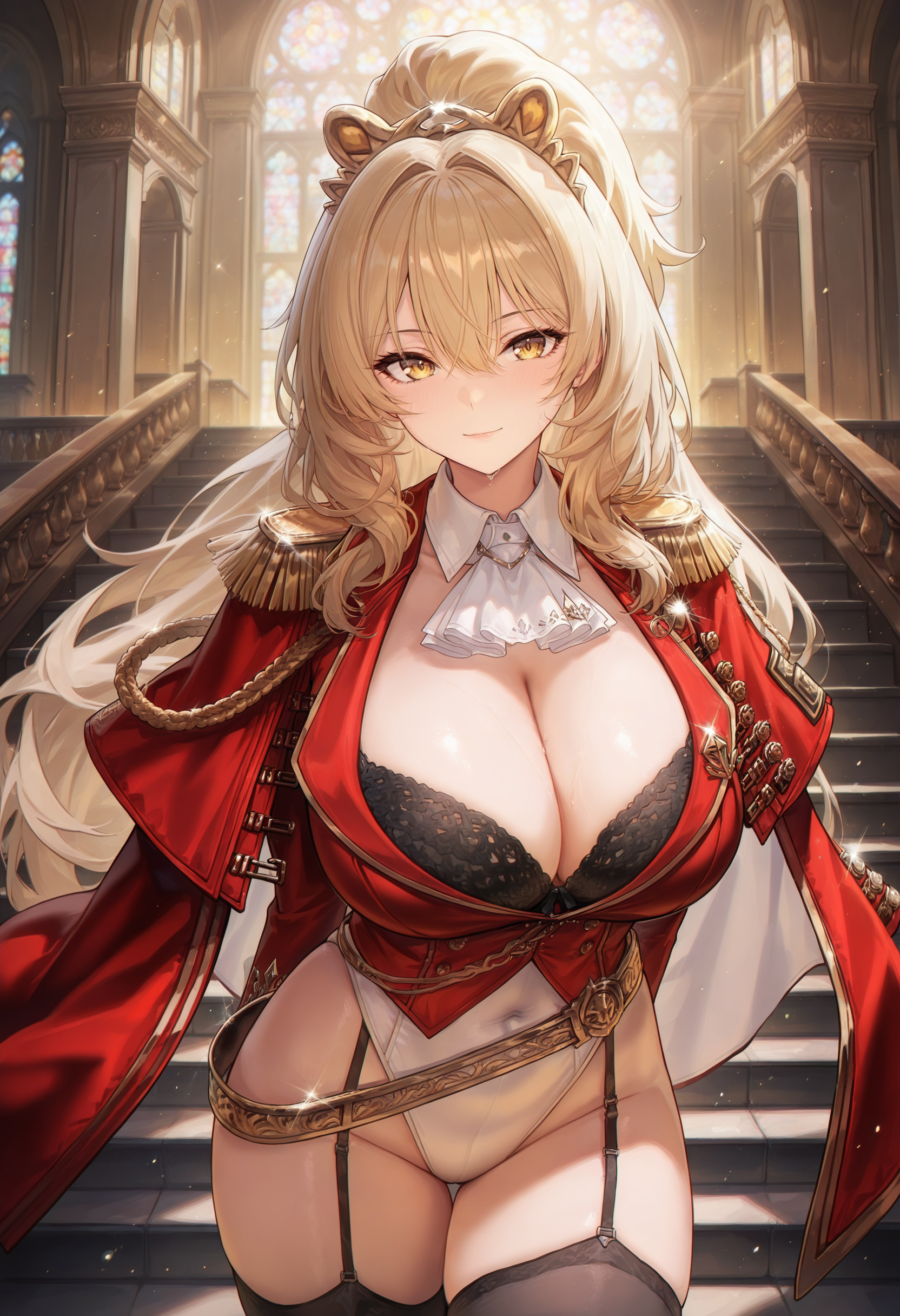 masterpiece, best quality, amazing quality,lionAZ, yellow eyes, blonde hair, long hair, high ponytail, 1girl, breasts, solo,default outfit, cleavage,large breasts,tiara, epaulettes,black thighhighs, black bra, red jacket, garter straps, detached collar, white ascot, red capelet, aiguillette, red cape, white leotard, golden belt, long sleeves,arms behind back,closed mouth, light smile,standing, looking at viewer, blurry background,heaven,day <lora:lionV1:0.9>