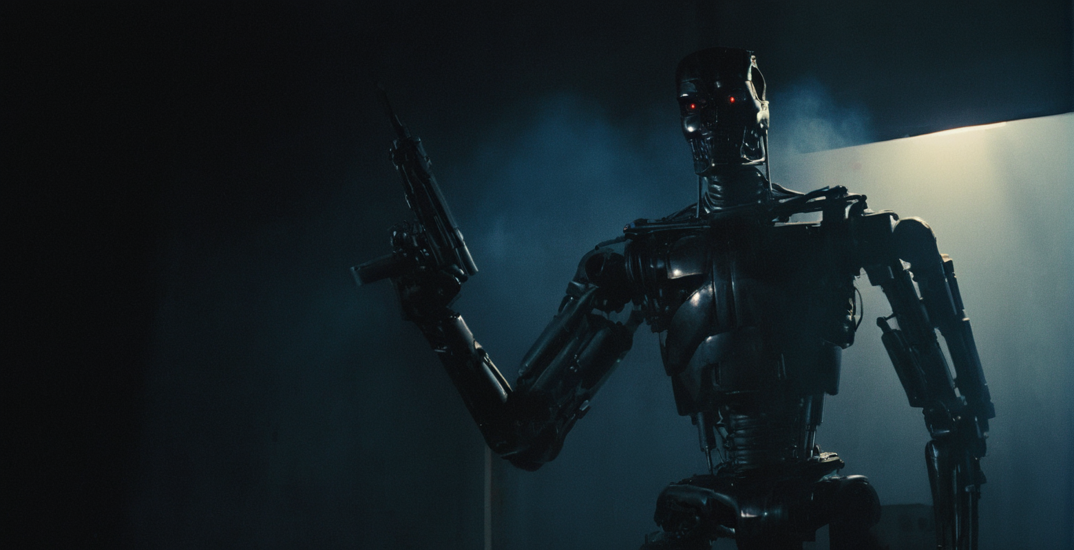 Horror-themed,  <lora:Terminator style:0.9>
In the 1980's Cybernetic Android a painting of a robot holding a gun,solo,holding,standing,weapon,holding weapon,gun,no humans,glowing,robot,holding gun,mecha,glowing eyes,smoke,science fiction,humanoid robot , horror themed, dark themed, low key light, dramatic light, dramatic shadow light, contrast, cinematic color, cinematic look, filmic, realistic, realism, perfection, perfect, Kodak, Kodak film, movie still, Terminator style, The Terminator 1984 Film style, Eerie, unsettling, dark, spooky, suspenseful, grim, highly detailed