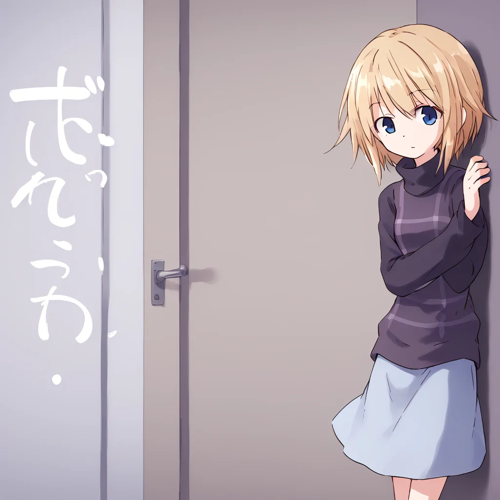 solo
<lora:Urotsuki:1> short hair, skirt, blonde hair, long sleeves, turtleneck, blue eyes
<lora:PeekingOut_pdxl_Incrs_v1:0.8> peeking out, upper body, hiding behind wall