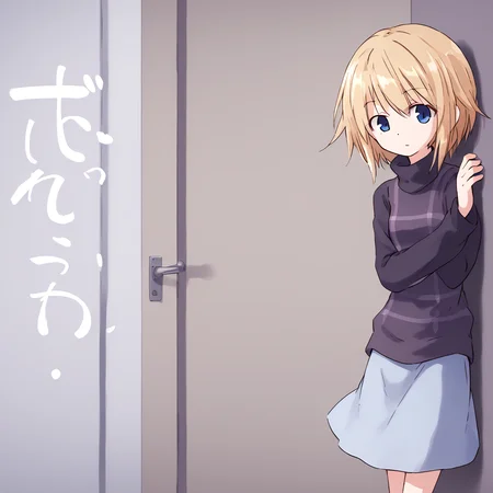 solo
<lora:Urotsuki:1> short hair, skirt, blonde hair, long sleeves, turtleneck, blue eyes
<lora:PeekingOut_pdxl_Incrs_v1:0.8> peeking out, upper body, hiding behind wall