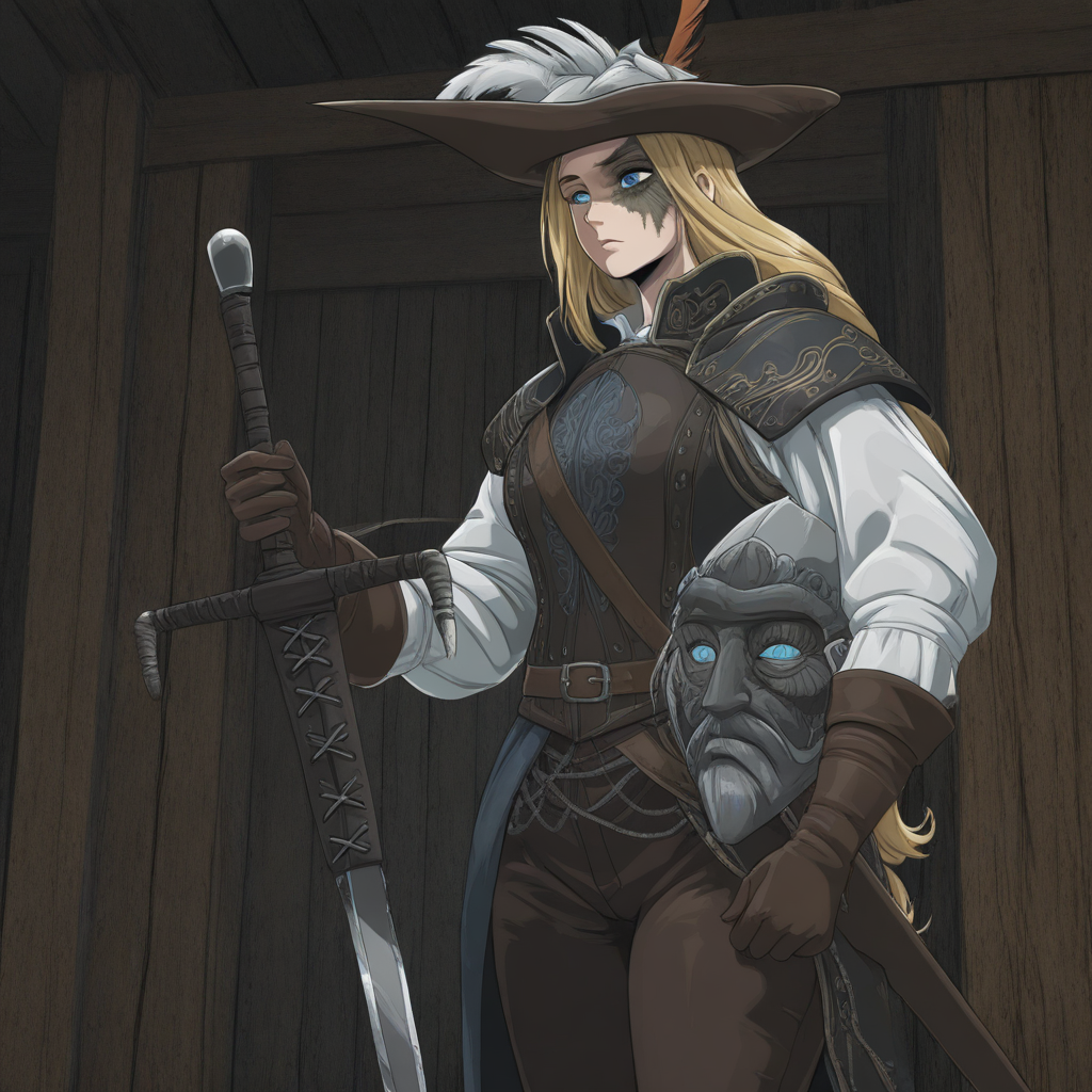 masterpiece, best quality, newest, absurdres, highres, anime, anime style, 1girl, DS2Luc-V1.1, blonde, armor, hat, tricorne, brown gloves, long sleeves, hat feather, blue eyes, long hair, DS2Luc-V1.1-hollowing, scar, holding, holding weapon, sword, holding sword,