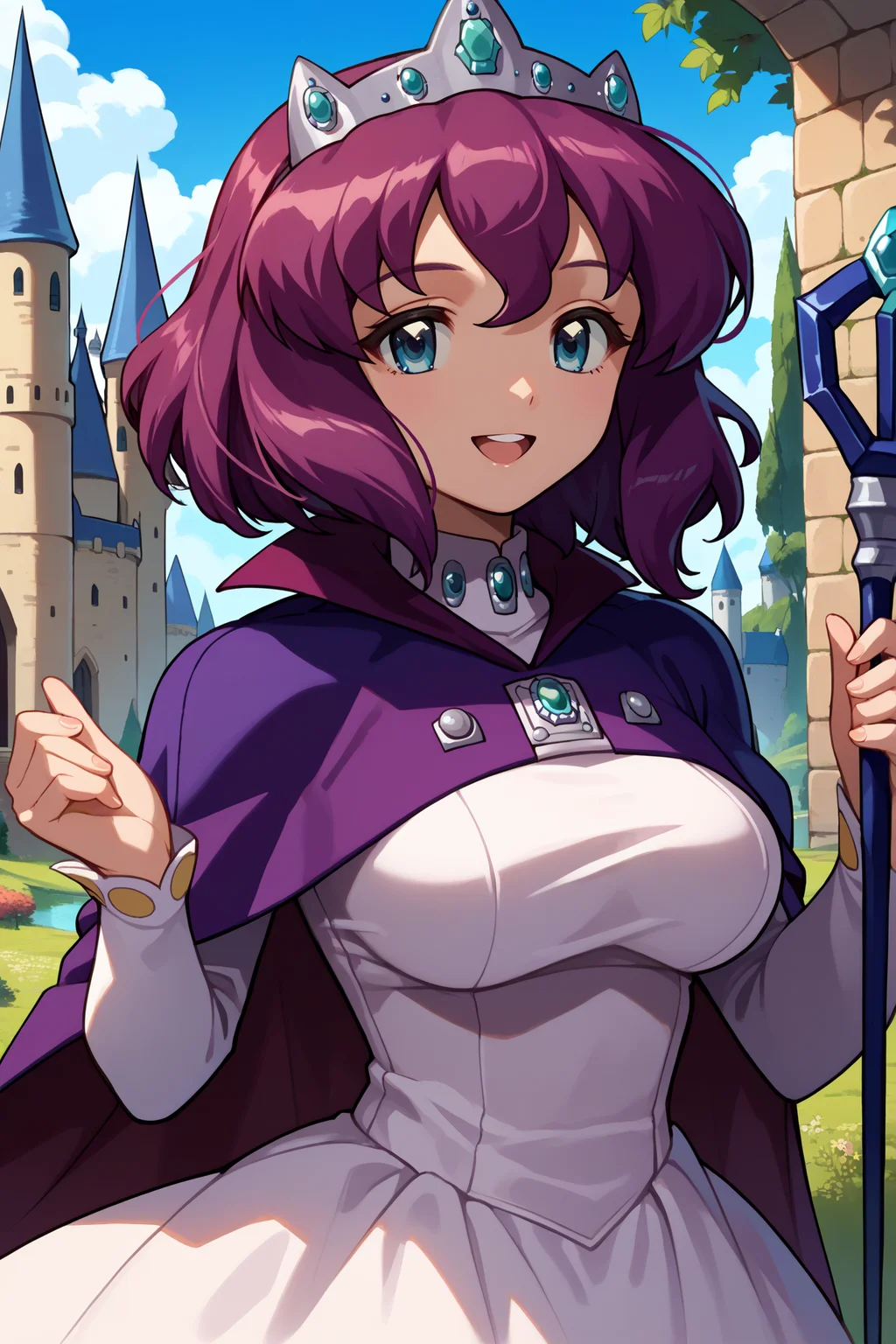score_9, score_8_up, score_7_up, score_6_up, source_anime, 1girl, solo, <lora:henrietta-pdxl-nvwls-v1-000005:1> hrta, purple hair, short hair, blue eyes, crown, purple cape, brooch, long sleeves, white dress, large breasts, looking at you, happy, blue sky, medieval, castle, clouds, trees, upper body, holding scepter