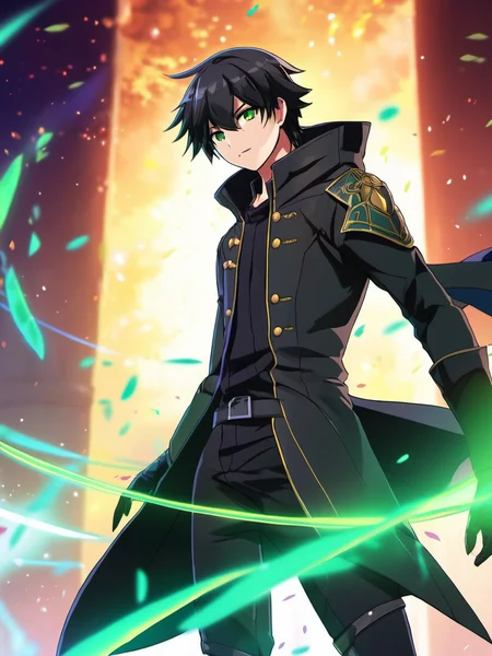 anime artwork <lora:Choi_Kang-rim_v1:0.8>, (anime boy Choi Kang-rim), black hair, green eyes, complex background, dystopia, full shot, wearing a black jacket with black shirt with serious looking, 8k, uhd, (masterpiece, best quality, ultra-detailed, best shadow), black pants, long sleeves, shoulder armor, armor, magic, (detailed background,dark fantasy), depth of field,black light particles . anime style, key visual, vibrant, studio anime, highly detailed