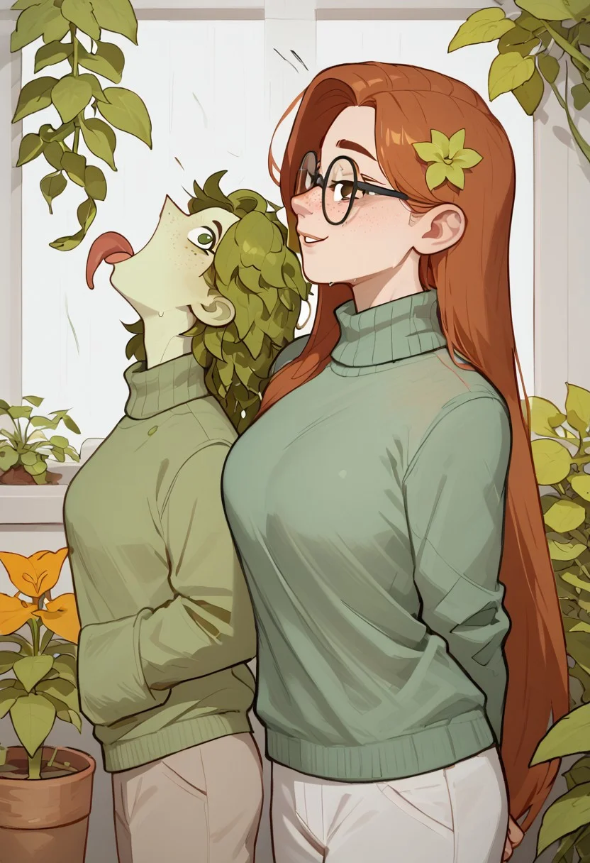 Expressive, score_9, score_8_up, masterpiece, 2 girls, first girl is 1 alraune, adult alraune, profile view, cozy clothing, green sweater, gray sweatpants, fuzzy socks, thick socks, first girl has freckles, day, mouth open in the rain meme, turtleneck, cozy fire, first girl has shy look, first girl is an alraune girl, cute, soft, first girl is wearing glasses, first girl is an introvert, first girl has a voluptuous body, first girl has moss hair, first girl has flowers in hair, first girl has light green hair, first girl has green skin, first girl has very long hair, first girl has plants twigs and flowers in hair, first girl is a plant girl, first girl has pointy elf ears, first girl has brown eyes, first girl has slightly rounded face, first girl has soft features, first girl looks smart, first girl is made of plants, first girl's skin is green, first girl has green skin tone, first girl has mouth wide open drinking rain, first girl has tongue out
BREAK, second girl is a human girl, adult woman, second girl is redhead, second girl has freckles, second girl has green eyes, second girl is ginger, second girl has wavy long red hair, second girl looks tired, second girl human ears, second girl has rounded human ears, second girl is nerdy, second girl has gentle smile, second girl has many freckles, second girl has tired eyes, very detailed, hd, one girl has green skin and pointy ears the other doesn't