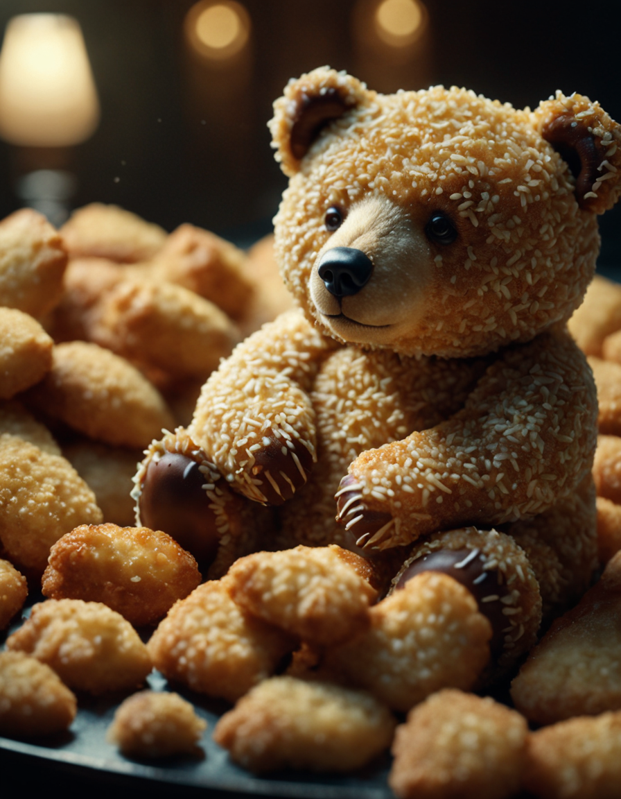 cinematic film still cinematic still a bear made of breaded food . emotional, harmonious, vignette, highly detailed, high budget, bokeh, cinemascope, moody, epic, gorgeous, film grain, grainy", "a bear made of breaded food, intricate, artstation, moebius, bao pham, donato giancola, larry elmore, masterpiece, trending on artstation, featured on pixiv, cinematic composition, beautiful lighting, sharp, details, hyper - detailed, hdr, 4 k, 8
 <lora:Breaded_Food_XL-000009:1>, , <lora:FILM_PHOTOGRAPHY_STYLE:0.25> . shallow depth of field, vignette, highly detailed, high budget, bokeh, cinemascope, moody, epic, gorgeous, film grain, grainy