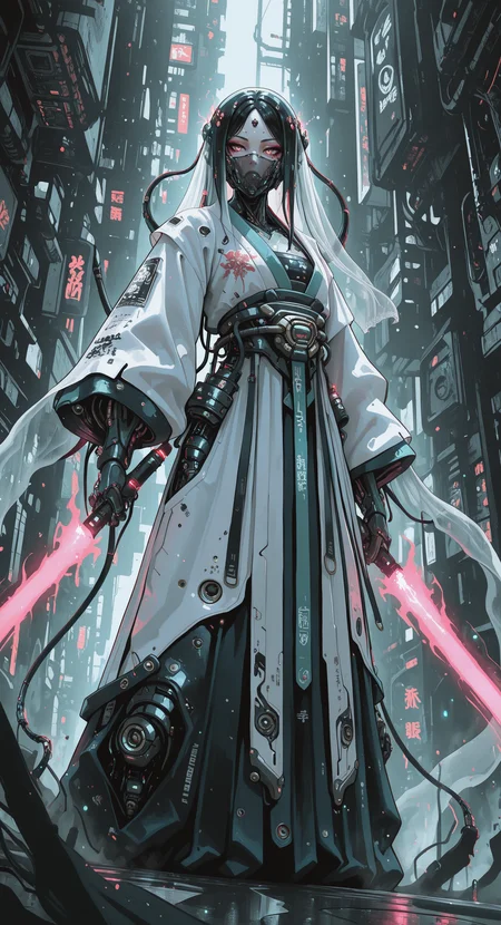masterpiece, best quality, good quality, very awa, newest, highres, absurdres, dynamic angle, Immortal Qi,magnificent,
Chinese style armor full of futuristic technology,Jade full of energy,
Science fiction Chinese punk,Energy body, energy weapon, energy light, energy emission,
looking_at_viewer, semi-mechanized,secret wonderland, Nine-head body,Cyber hair ornament,(hanfu:1.1),Translucent veil, h4ra_illu,
dhjs <lora:illustriousXL_stabilizer_v1.23:0.3> <lora:NOOB_vp1_detailer_by_volnovik_v1:0.3> <lora:ponyv6_noobE11_2_adamW-000017:0.3> <lora:Illustrious:0.15> <lora:114558v4df2fsdf5:0.55> <lora:dhjs_0010-waiNSFWIllustrious_v110_V1-CAME:0.7> <lora:-_iLL_-_the_edgy_mech_V2.0-:0.8>