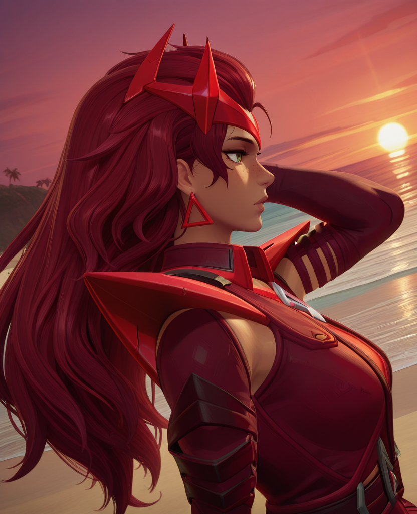 highres, absurdres, intricate detail, 3d, scenery, sunset, beach, <lora:Wanda_ILLUS_2:0.8> , sc1, 1girl, red hair, long hair, green eyes, elbow gloves, shoulder pads, earrings, dark-skinned female, dress, headgear, hair toss, portrait, dynamic angle, looking afar, arm behind head, from side, freckles, half-closed eyes,