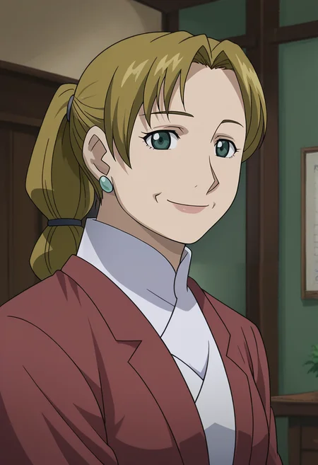 <lora:Mrs._Bradley-Fullmetal_Alchemist:0.85>,fma,mature female,1girl,solo,blonde hair,green eyes,ponytail,earrings,formal,upper body,looking at viewer,indoors,smile