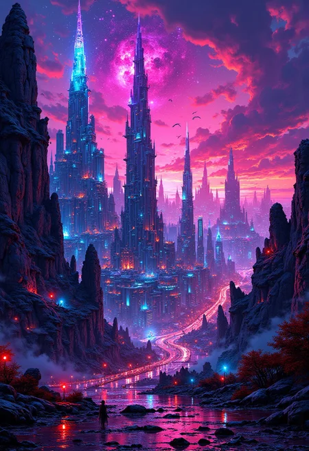 best quality, masterpiece, masterpiece, neon splash art of an alien cityscape, towers and skyscrapers, vibrant surreal colours, mythp0rt