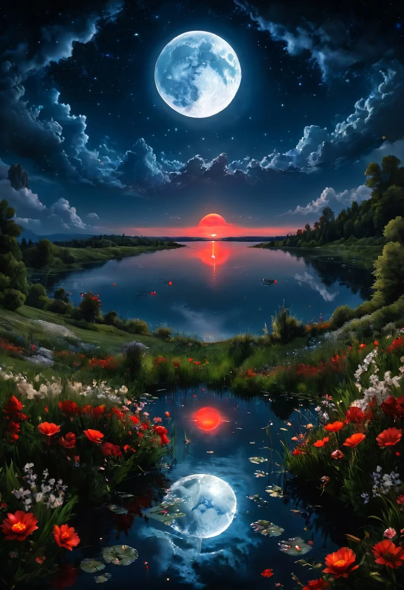 Night time, cloudy night, stars, crystal clear blue lake surrounded by grass and flowers, the moon is reflected on the lake's water, large glowing full red blood moon
Photorealistic, Highly detailed, masterpiece, 4k, high resulution, great lighting,