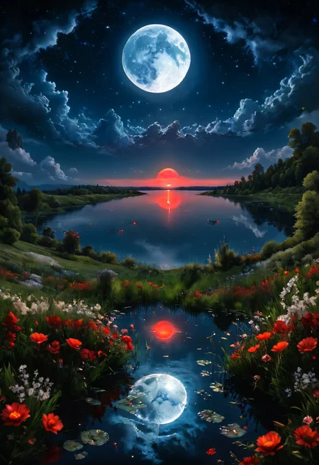 Night time, cloudy night, stars, crystal clear blue lake surrounded by grass and flowers, the moon is reflected on the lake's water, large glowing full red blood moon
Photorealistic, Highly detailed, masterpiece, 4k, high resulution, great lighting,