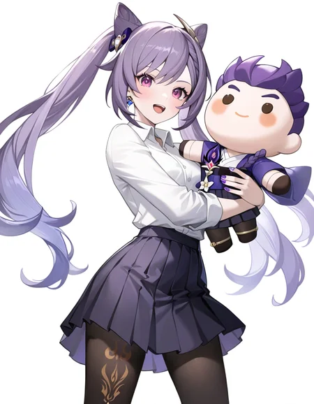1girl, keqing \(genshin impact\), 
solo, looking at viewer, smile, simple background, white background, h1e, cowboy shot, long sleeves, holding, blush, alternate costume, purple eyes, cone hair bun, holding stuffed toy, black skirt, double bun, open mouth, long hair, pantyhose, purple hair, school uniform, pleated skirt, character doll, purple nails, hair bun, twintails, standing, single braid, very long hair, white shirt, collared shirt, skirt, :d, braid, miniskirt, shirt, black pantyhose, nail polish,
masterpiece, best quality, very aesthetic, newest, absurdres, incredibly absurdres
 <lora:hle:1>