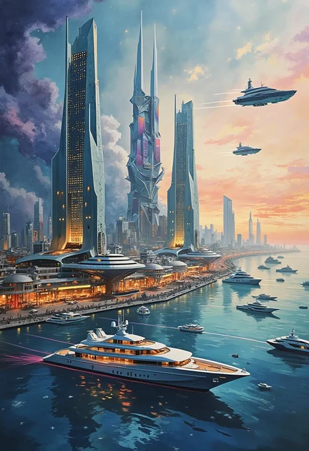 A futuristic coastal megacity blooms across a vast rice paper canvas, etched with volatile ink strokes and diffused watercolor halos. Towering arcologies—semi-organic, pulse-lit spires—jut skyward in fractured symmetry, their glass exoskeletons veined with bioluminescent circuitry. Aerial hover-ferries and manta-like cargo crafts drift over a harbor of levitating superyachts, their hulls reflecting shades of oxidized copper and deep obsidian. The sky gradients from starlight violet to soft chrome, bleeding into the textured fibers like breath on silk. Imagine a fusion of Hokusai’s tempestuous brushwork with Syd Mead’s techno-barocco structures—chaos and grace unified. Energy lines ripple beneath the city like fault lines of light, illuminating rooftops with internal warmth. Painterly gestures suggest motion and entropy, while soft lighting reveals a metropolis alive with coded rhythm.