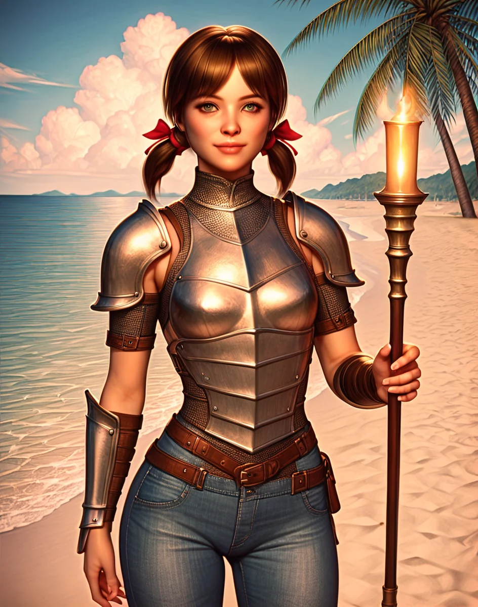 (score_9,score_8_up,score_7_up),high quality,detailled,high resolution,masterpiece,(beach, sand, outdoor, ocean, sunny, palm trees),<lora:Eyes_High_Definition:0.8>,eyeshd,<lora:StS_PonyXL_Detail_Slider_v1.4_iteration_3:1.3>,<lora:zPDXL3:1>,zPDXL3,
BREAK
posing,front view,<lora:sophia_grandmas_house:0.6> (sophia, 1girl,brown hair, small breasts, short hair),short twintails,red ribbon,hair ribbon, leather jeans, knight armor, armor, breastplate, boobplate,pauldrons, holding torch,