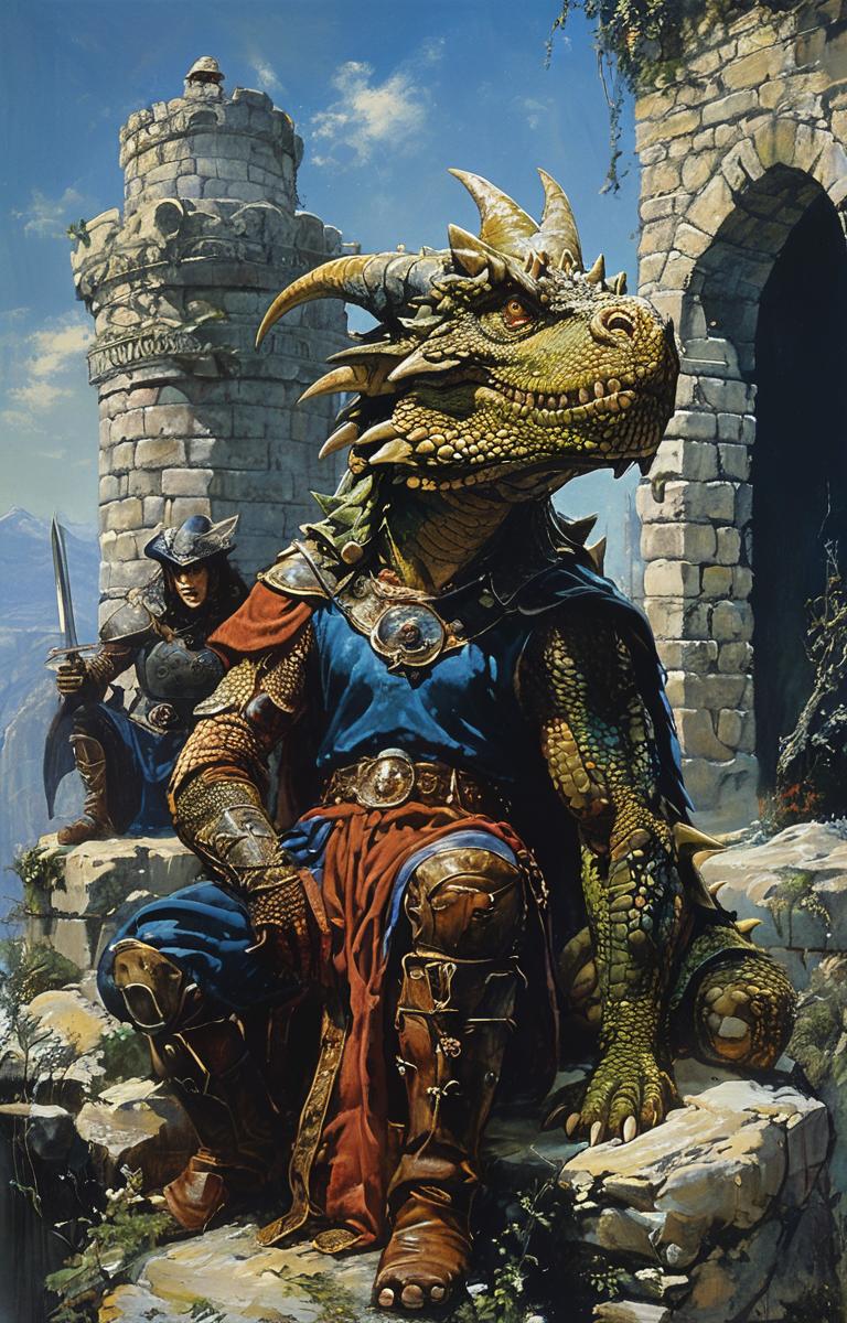 masterpiece,best quality,<lora:tbh182-sdxl:0.9>,style of Clyde Caldwell,Dungeon and Dragon,Brave,Sword,Shield,Dragon,adnd,