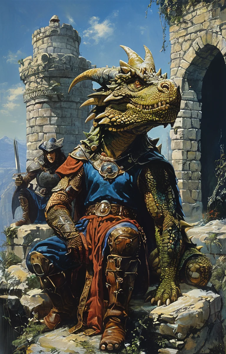 masterpiece,best quality,<lora:tbh182-sdxl:0.9>,style of Clyde Caldwell,Dungeon and Dragon,Brave,Sword,Shield,Dragon,adnd,