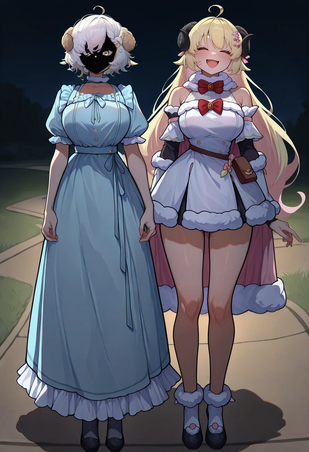 masterpiece, best quality, newest, absurdres, highres, 2girls, full body, standing, outdoors, shaded face, shadow, night, <lora:WhyDisNinjaLookSoMadMeme_illusXL_Incrs_v1:0.75>, looking at viewer, white hair, short hair, ahoge, messy hair, sheep horns, sheep girl, bowtie, light blue dress, frills, puffy sleeves, long dress, solo,
masterpiece, best quality, newest, absurdres, highres, 2girls, full body, standing, outdoors, shaded face, shadow, night, <lora:WhyDisNinjaLookSoMadMeme_illusXL_Incrs_v1:0.75>, seductive smile, <lora:ChamTsunomakiWatameIllustriousXL:1>, WtmBase, horns, blonde hair, very long hair, ahoge, pink hair ornament, white fur-trimmed dress, short dress, red bowtie, detached sleeves, layered sleeves, pouch, bare shoulders, fur-trimmed cape, pink cape, closed eyes, happy,