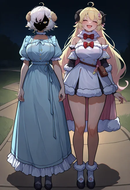 masterpiece, best quality, newest, absurdres, highres, 2girls, full body, standing, outdoors, shaded face, shadow, night, <lora:WhyDisNinjaLookSoMadMeme_illusXL_Incrs_v1:0.75>, looking at viewer, white hair, short hair, ahoge, messy hair, sheep horns, sheep girl, bowtie, light blue dress, frills, puffy sleeves, long dress, solo,
masterpiece, best quality, newest, absurdres, highres, 2girls, full body, standing, outdoors, shaded face, shadow, night, <lora:WhyDisNinjaLookSoMadMeme_illusXL_Incrs_v1:0.75>, seductive smile, <lora:ChamTsunomakiWatameIllustriousXL:1>, WtmBase, horns, blonde hair, very long hair, ahoge, pink hair ornament, white fur-trimmed dress, short dress, red bowtie, detached sleeves, layered sleeves, pouch, bare shoulders, fur-trimmed cape, pink cape, closed eyes, happy,