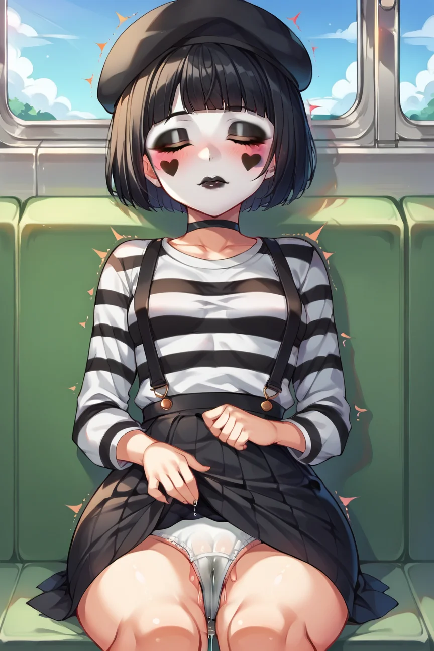 score_9, score_8_up, score_7_up, source_hentai,  1girl, blue eyes, closed eyes, short bob haircut, black hair, thick lips, black lipstick, black eyeliner, mime artist makeup, white face paint, middle breasts, wide hips, (white skin body paint), black choker, mime artist outfit, black beret, black striped shirt, black skirt, black suspenders, sleeping, trembling, wavy mouth, sitting, sleep, hand on skirt, skirt pull, panty flashing, panty peek, pussy juice drip through clothes, <lora:Monster_mime_girl_SDXL:0.7>, front view, background train, best quality, masterpiece