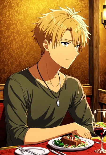 high resolution, solo, best quality, 1Boy, Yamato Ishida, Blond Hair, Necklace, dating, romantic, dinner, OverallDetail