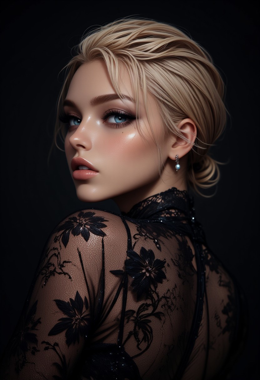 a cute woman, blonde, (hi-top fade), (dark theme:0.9), soothing tones, muted colors, high contrast, (natural skin texture, hyperrealism, soft light, sharp), full body, sheer lace, revealing