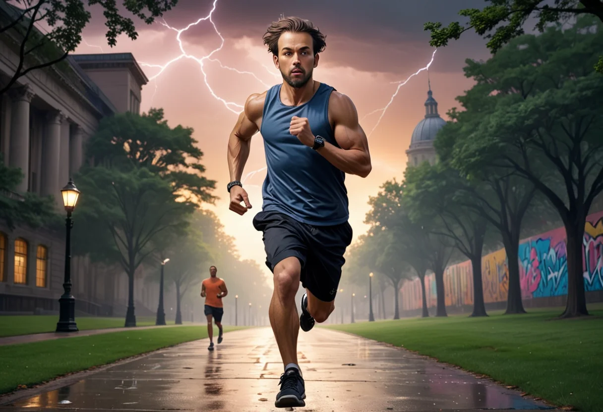 (medium full shot) of (medium shot ) of graffiti artist jogging through the park, detailed face, located in an urban scene at a historic library during twilight with thunderstorm weather, illuminated by sunset hues, creating a urban chic atmosphere, ,Masterpiece,best quality, photo, realistic, very aesthetic