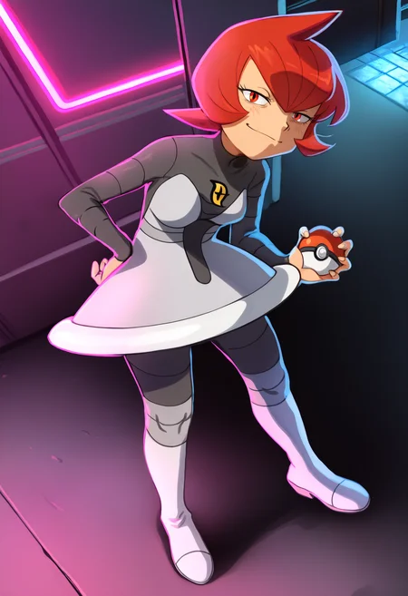 khyleri,
best quality, amazing quality, very aesthetic, absurdres,
1girl, mars \(pokemon\), bangs, red eyes, red hair, short hair, holding a pokeball,
boots, grey dress, pantyhose, round skirt, team galatic uniform,
solo, standing, smug, looking at viewer, futuristic background, neon light , buildings, night <lora:KhyleriNoobLocon_byKonan:1> <lora:MarsNoobXL_byKonan:1>