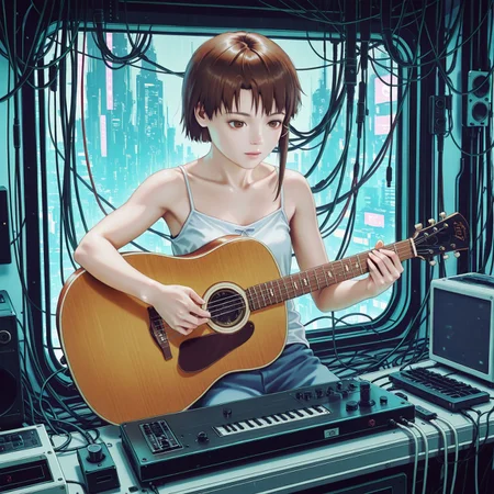 1girl,solo,Iwakura-Lain,white camisolelong camisole,brown eyes,,playing instrument,playing guitar,acoustic guitar,seaten,detailed background,realistic background,cyberpunk background,pc,cables,wires,